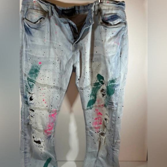 Encrypted Men's Paint Splatter Y2K streetwear denim Jeans 40x34 - Picture 7 of 11